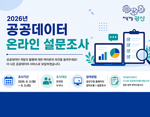 지속가능 광산
2026년 공공데이터 온라인 설문조사
공공데이터 개방과 활용에 대한 여러분의 의견을 들려주세요!
더 나은 공공데이터 서비스로 보답하겠습니다.
조사기간 2026. 8. 3.(월) ~ 9. 3.(목)
조사대상
전국민 누구나
참여방법 광산구청 홈페이지 참여소통 - 설문조사
여러분의 참여가 더 나은 공공데이터를 만듭니다!
많은 참여 부탁드립니다.