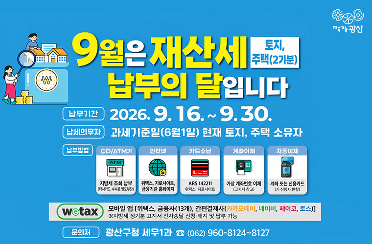 지속가능 광산

9월은 재산세 토지, 주택(2기분) 납부의 달입니다

납부기간 2026. 9. 16. ~ 9. 30.

납세의무자 과세기준일(6월 1일) 현재 토지, 주택 소유자

납부방법

- CD/ATM기 지방세 조회 납부 (타사카드: 수수료 별도 부담)

- 인터넷 위택스, 지로사이트, 금융기관 홈페이지

- 카드수납ARS 142211 위택스, 지로사이트

- 계좌이체 가상 계좌번호 이체 (고지서 참고)

- 자동이체 계좌 또는 신용카드 (기 신청자 한함)

모바일 앱 [위택스, 금융사(13개), 간편결제사(카카오페이, 네이버, 페이코, 토스)]
※지방세 정기분 고지서 전자송달 신청·해지 및 납부 가능

문의처 광산구청 세무1과 (062) 960-8124~8127